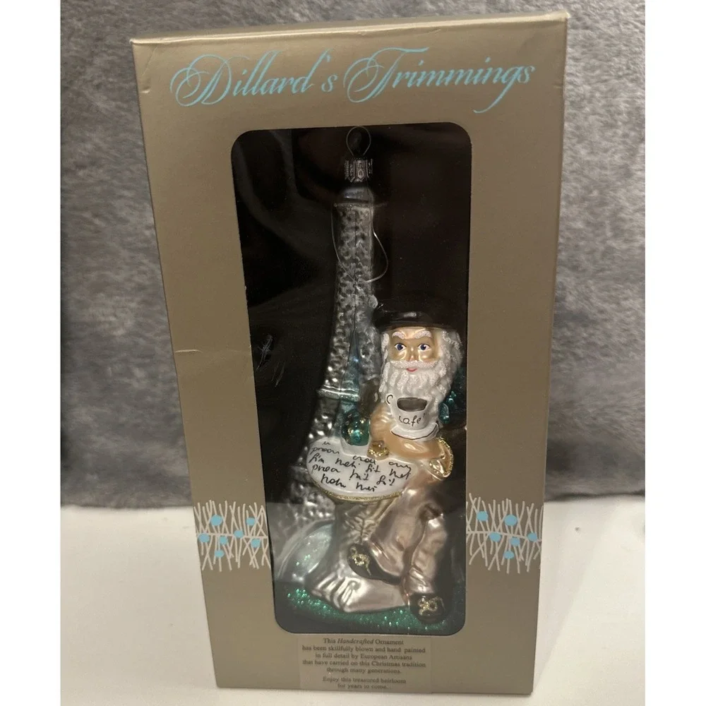 Santa Enjoying A Latte Eiffel Tower Dillard's Trimmings Glass Christmas Ornament